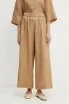 Lněné kalhoty MM dámské, hnědá barva, střih culottes, high waist, 2516131018600