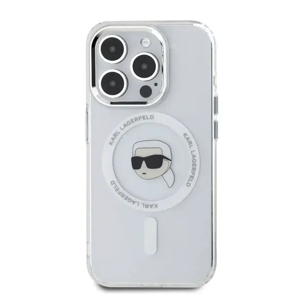 Zadní  kryt Karl Lagerfeld IML Karl Head Metal Frame MagSafe pro Apple iPhone 15 Pro Max, transparentní