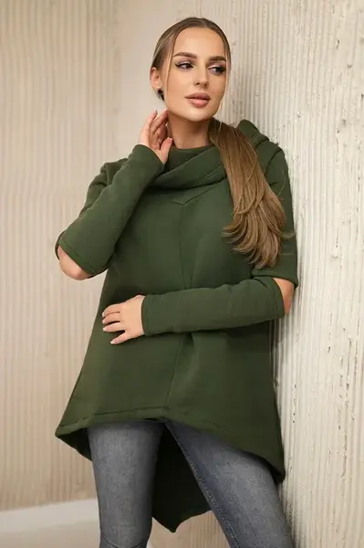 Zateplená mikina s delším zadním dílem khaki barvy