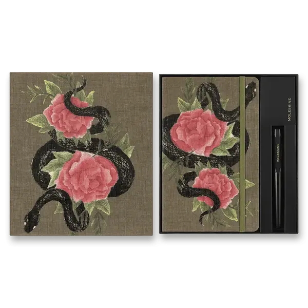 Sada Moleskine Snake Roses - L, zápisník a kuličkové pero