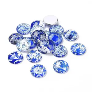 Blue and White Floral Printed Glass Cabochons