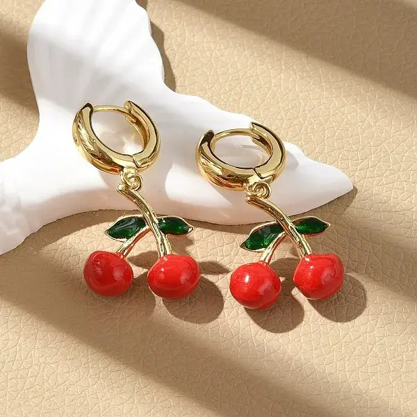 Cherry Brass Enamel Hoop Earrings
