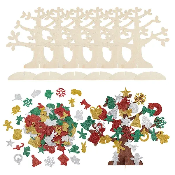 6 Set Christmas Unfinished Wood 3D Tree Display Decoration Kit
