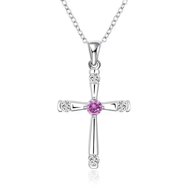 Silver Color Plated Brass Cubic Zirconia Cross Pendant Necklaces