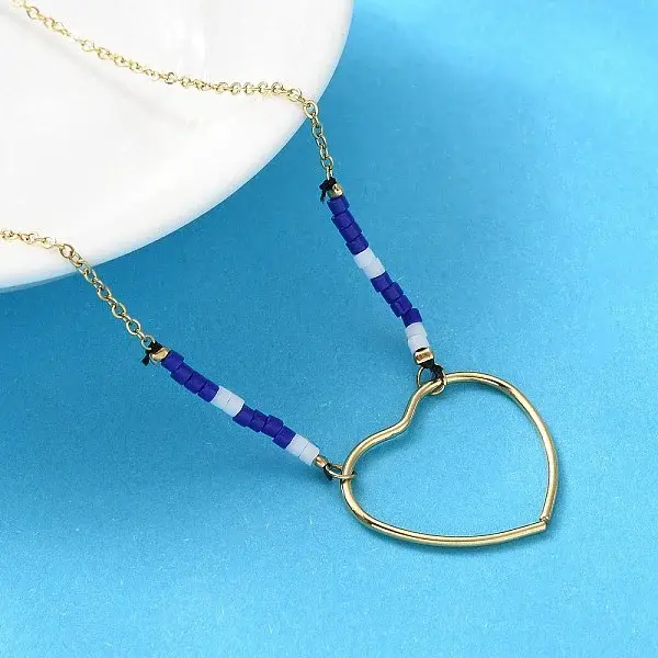 304 Stainless Steel & Blue Glass Beads Pendant Necklaces for Women