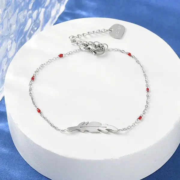 304 Stainless Steel Feather Link Bracelets for Women