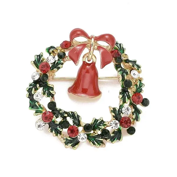 Colorful Christmas Wreath with Bell Enamel Pin with Rhinestone