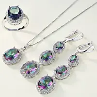 Oval Alloy Colorful Cubic Zirconia Pendant Necklaces & Hoop Earrings & Rings Sets