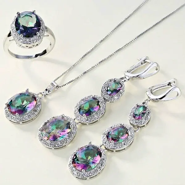 Oval Alloy Colorful Cubic Zirconia Pendant Necklaces & Hoop Earrings & Rings Sets