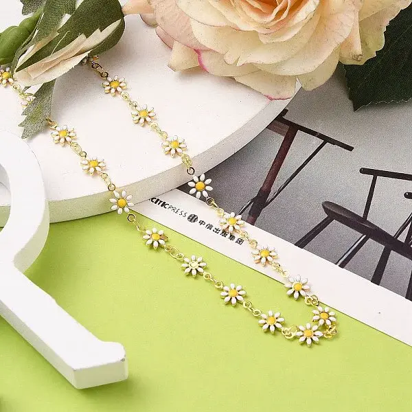 Brass Enamel Daisy Link Chain Necklaces