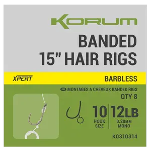 Korum návazec banded hair rigs barbless 8 ks délka 15" - velikost háčku 12
