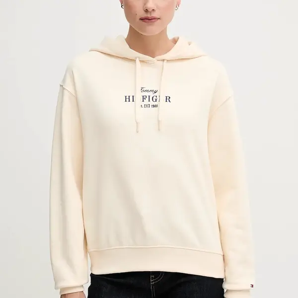 Bavlněná mikina Tommy Hilfiger dámská, béžová barva, s kapucí, s aplikací, WW0WW45528
