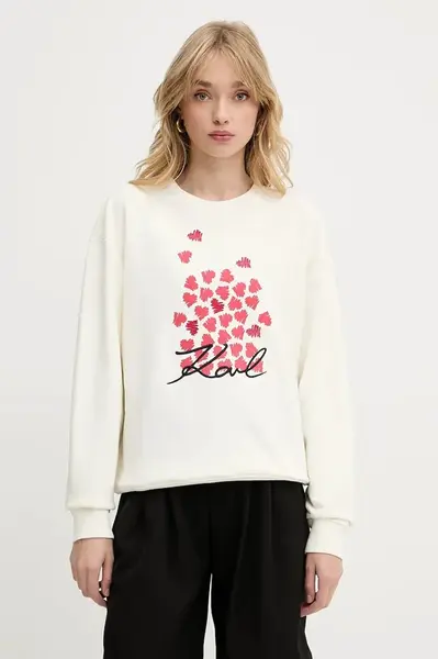 Bavlněná mikina Karl Lagerfeld dámská, béžová barva, s potiskem, A3W20006