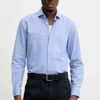 Košile s příměsí lnu HUGO pánská, modrá barva, slim, s italským límcem, 50539775