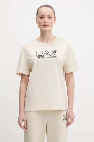 Bavlněné tričko EA7 Emporio Armani béžová barva, AF12503.7W000098