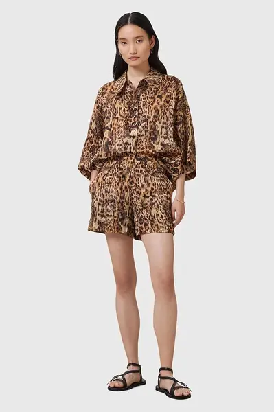 Šortky s příměsí hedvábí AllSaints CHARLI dámské, oranžová barva, high waist, W037TC