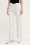 Kalhoty adidas Originals PINSTRIPE PANTS dámské, béžová barva, široké, high waist, JJ3483