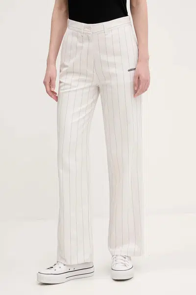 Kalhoty adidas Originals PINSTRIPE PANTS dámské, béžová barva, široké, high waist, JJ3483