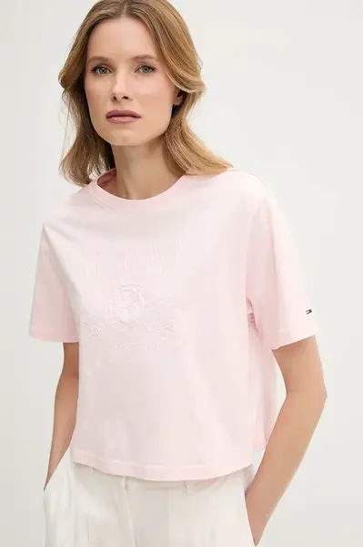 Bavlněné tričko Tommy Jeans dámské, růžová barva, DW0DW20326