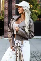 626-3 Stylish biker jacket made of soft eco-leather, with a belt and asymmetrical zipper - cappuccino