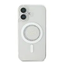 Zadní kryt Guess IML Rhinestones Ring MagSafe pro Apple iPhone 16, bílá
