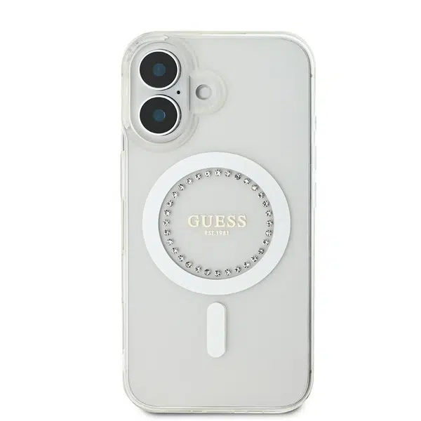 Zadní kryt Guess IML Rhinestones Ring MagSafe pro Apple iPhone 16, bílá