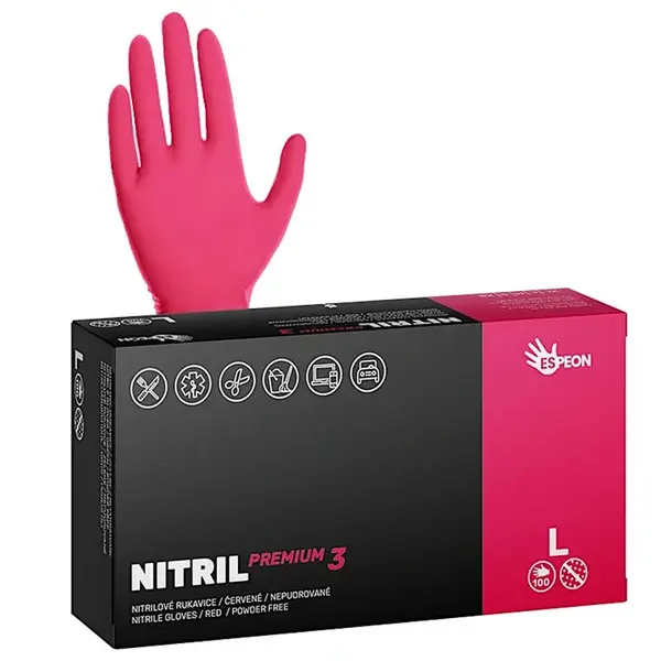 Silné nitrilové rukavice Espeon Nitril Premium 3 - 100 ks, červené, velikost L (100160) + dárek zdarma