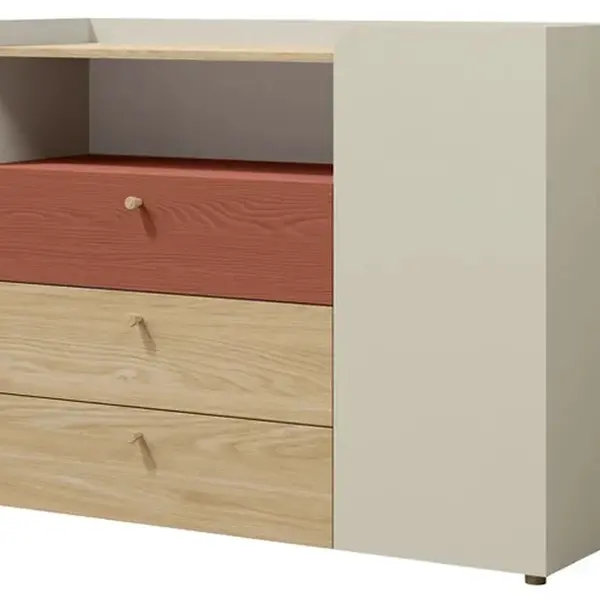 Komoda Yuki 9 Barva korpusu: šedobéžová/ dub olejovaný/ koral