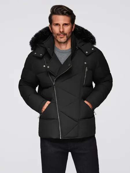 Ombre Men's quilted jacket with cut of ramoneski with hood - black