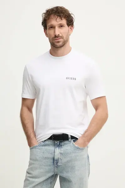 Bavlněné tričko Guess bílá barva, s potiskem, U4BM03 KCAM1