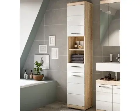 Vysoká kúpeľňová skrinka Lambada, dub sonoma/biela lesk%