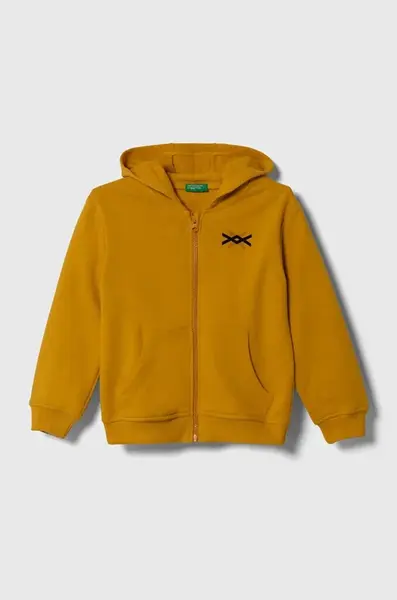 Dětská bavlněná mikina United Colors of Benetton žlutá barva, s kapucí, vzorovaná