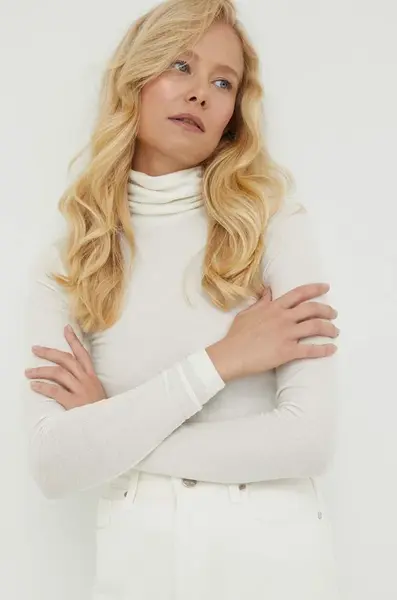 Tričko s dlouhým rukávem s příměsí vlny Bruuns Bazaar Angela béžová barva, s golfem