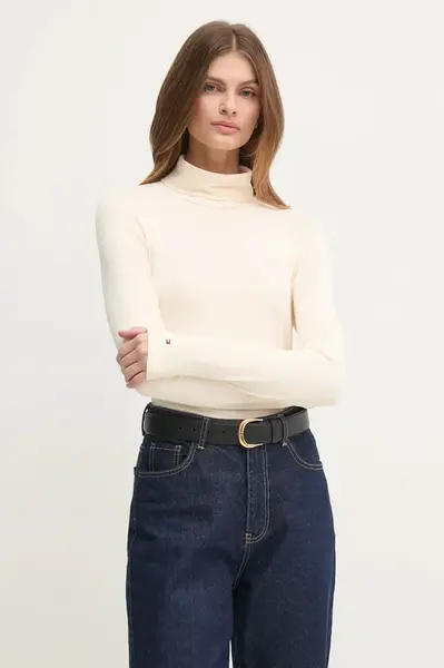 Tričko s dlouhým rukávem Tommy Hilfiger dámské, béžová barva, s golfem, WW0WW39826