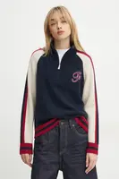 Kašmírový svetr FROM FUTURE tmavomodrá barva, lehký, s pologolfem, WPM02197