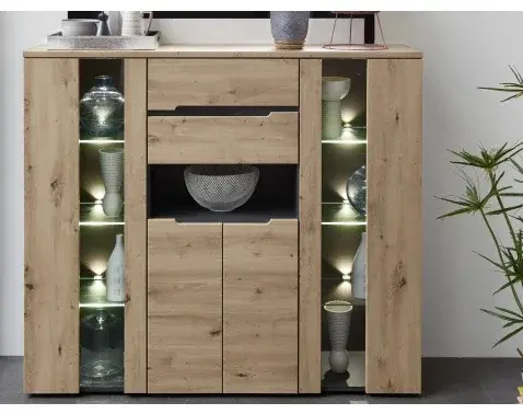 Vysoká komoda s osvětlením Memphis, 145 cm, dub artisan/grafit