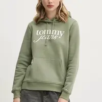Mikina Tommy Jeans dámská, zelená barva, s kapucí, s potiskem, DW0DW20170