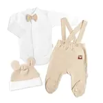 Bavlnená súprava Gentleman 3D, body, polodupačky s lacnom + čiapočka, béžová/biela