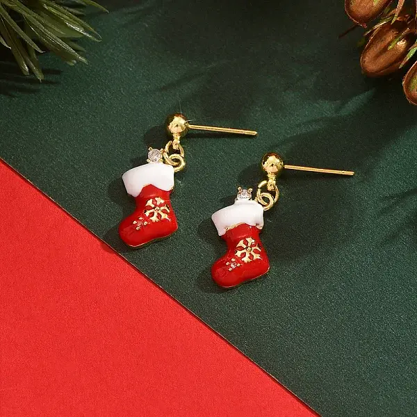 Christmas Socking Brass Enamel Dangle Stud Earrings
