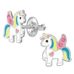 SILVER Dětské stříbrné náušničky Jednorožec Angel Love, se šroubovací puzetou