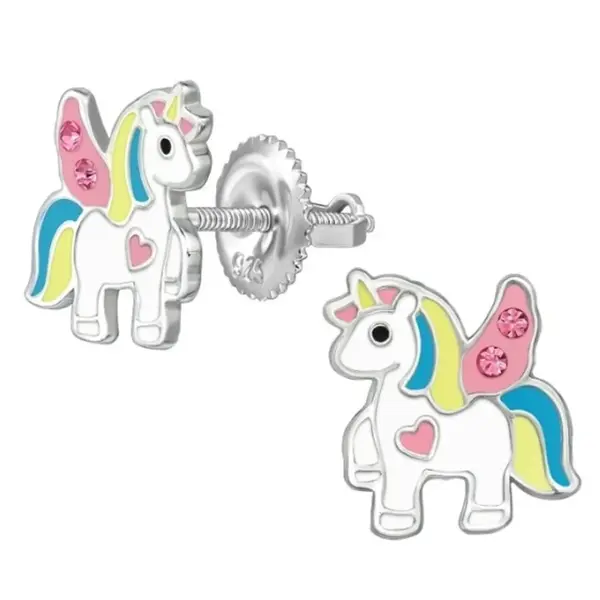 SILVER Dětské stříbrné náušničky Jednorožec Angel Love, se šroubovací puzetou