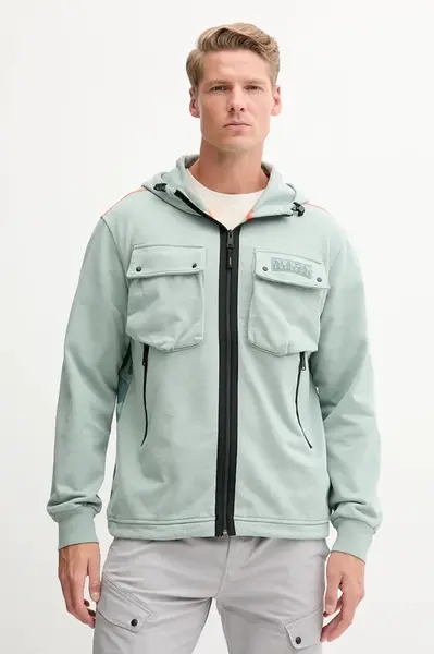 Bavlněná mikina Napapijri B-Rivalto pánská, zelená barva, s kapucí, s potiskem, NP0A4ICGG1X1