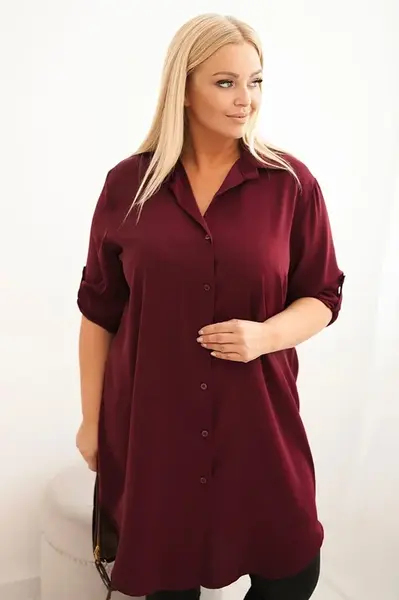 Kesi Włoski Dámská košilová šaty Plus Size s delším zadním dílem a ohrnovacími rukávy švestková