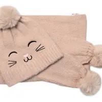 Baby Nellys Zimní čepice s bambulí + šál, Kitty, cappuccino vel.  54/58
