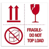 Výstražné etikety, 100x100mm, 4 symboly, FRAGILE / DO NOT TOP LOAD