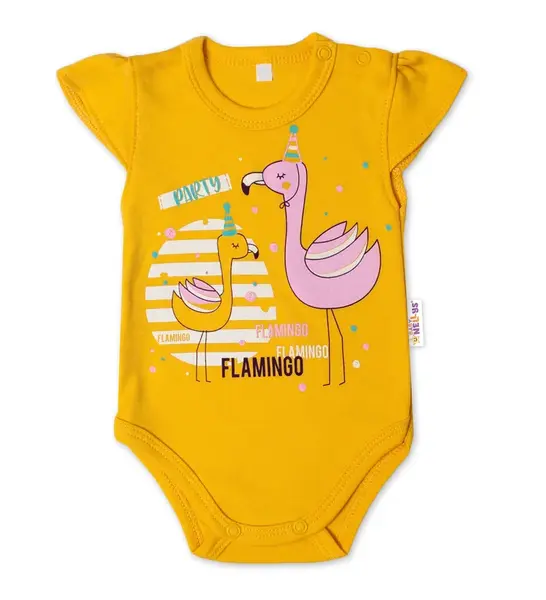 Baby Nellys Bavlněné kojenecké body, kr. rukáv, Flamingo - hořčicové, vel. 68