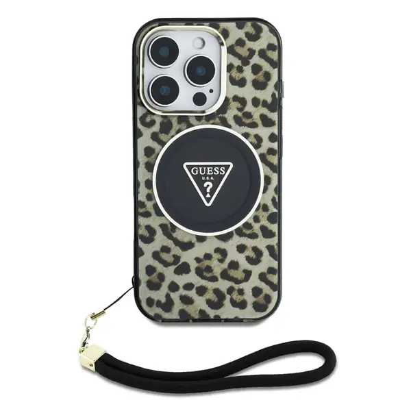 Zadní kryt Guess IML Leopard Triangle Logo Strap MagSafe pro Apple iPhone 16 Pro, hnědá