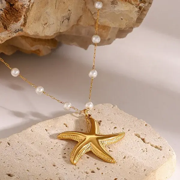 Summer Beach 304 Stainless Steel & Round Shell Pearl Starfish Pendant Necklaces for Women