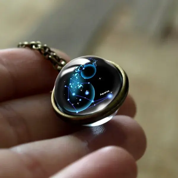 Double Glass Round with Constellation Pendant Alloy Chain Necklaces