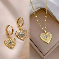 Heart with Eye Pattern 304 Stainless Steel Micro Pave Cubic Zirconia Pendant Necklace & Hoop Earrings Sets
